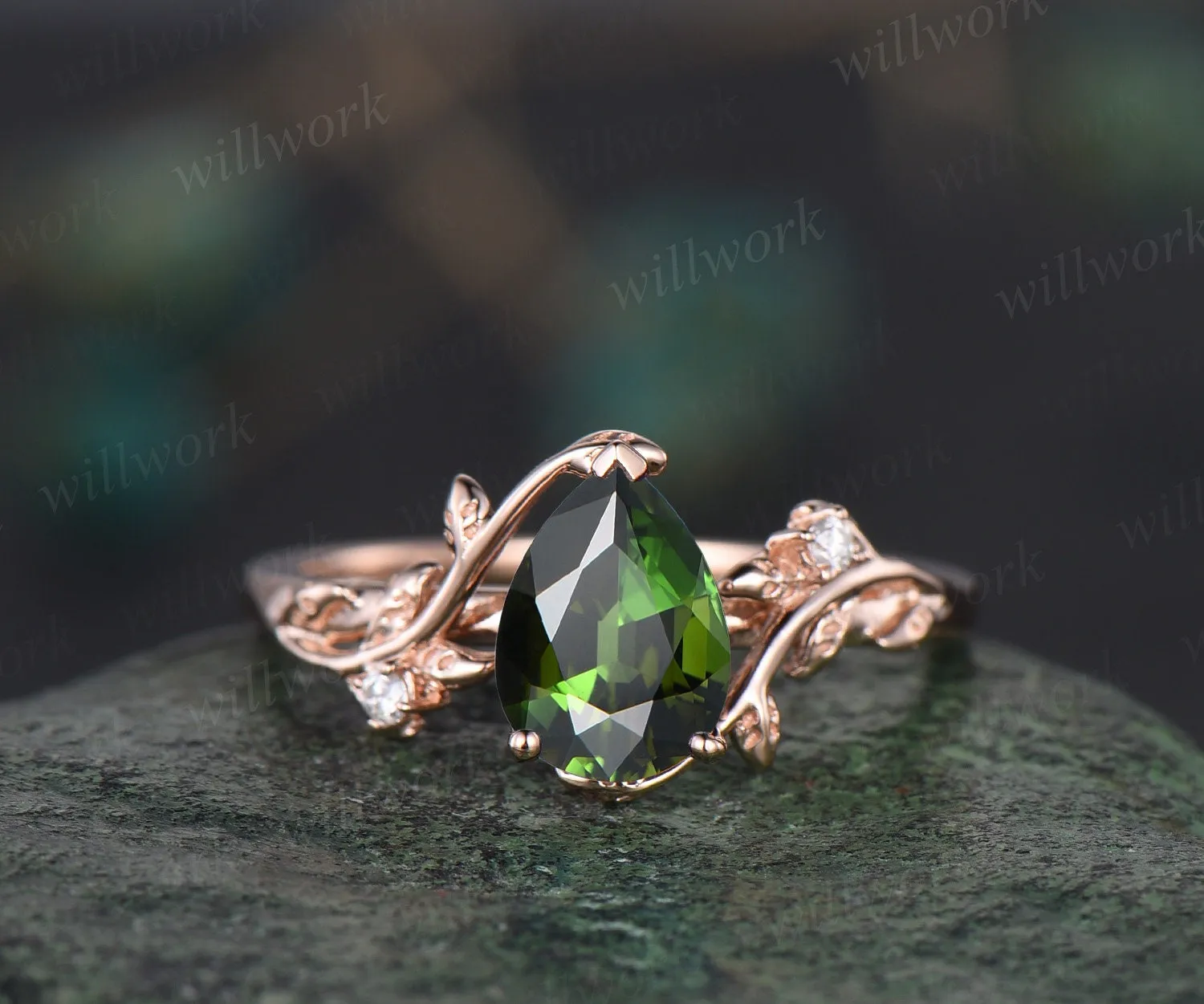 Pear shaped natural green Tourmaline ring rose gold leaf nature inspired unique engagement ring women art deco wedding bridal ring set gift sold by Willwork Jewelry product image thumbnail 5
