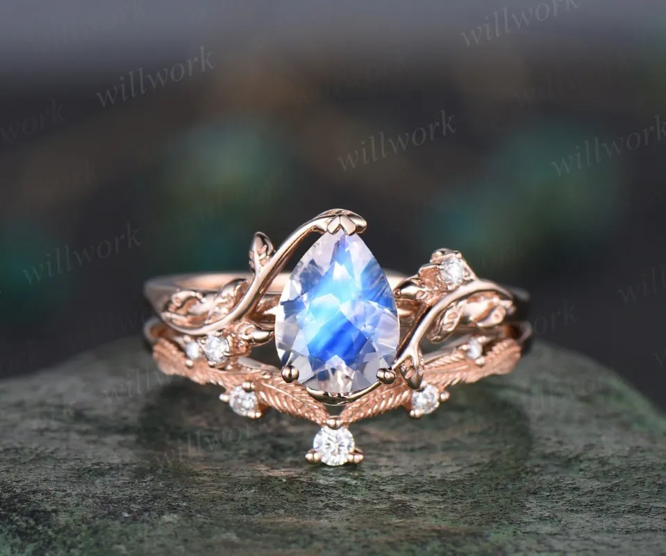 Pear shaped natural moonstone ring rose gold leaf nature inspired unique engagement ring women art deco promise wedding bridal ring set gift sold by Willwork Jewelry