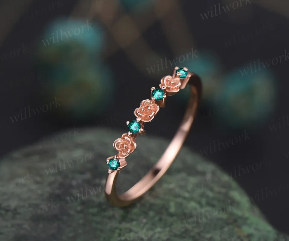 Dainty flower emerald wedding band solid 14k rose gold stacking unique vintage wedding ring band for women gemstone anniversary ring gift sold by Willwork Jewelry