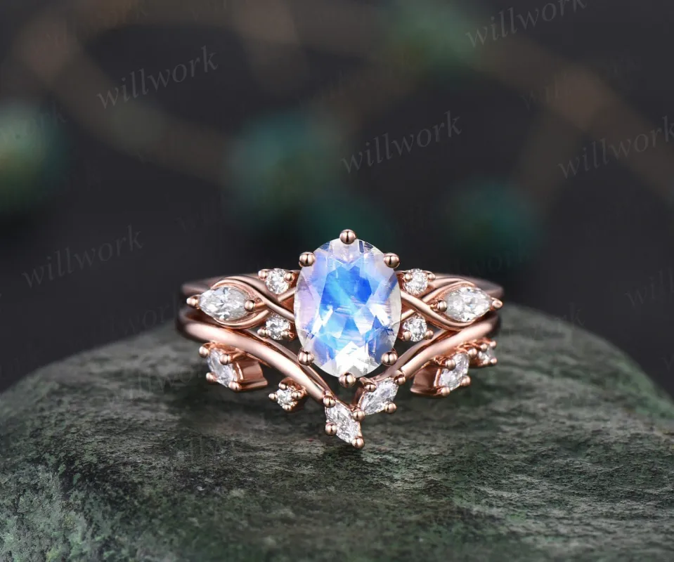 Vintage oval moonstone engagement ring art deco cluster diamond ring solid rose gold bridal set unique wedding ring set women gemstone sold by Willwork Jewelry