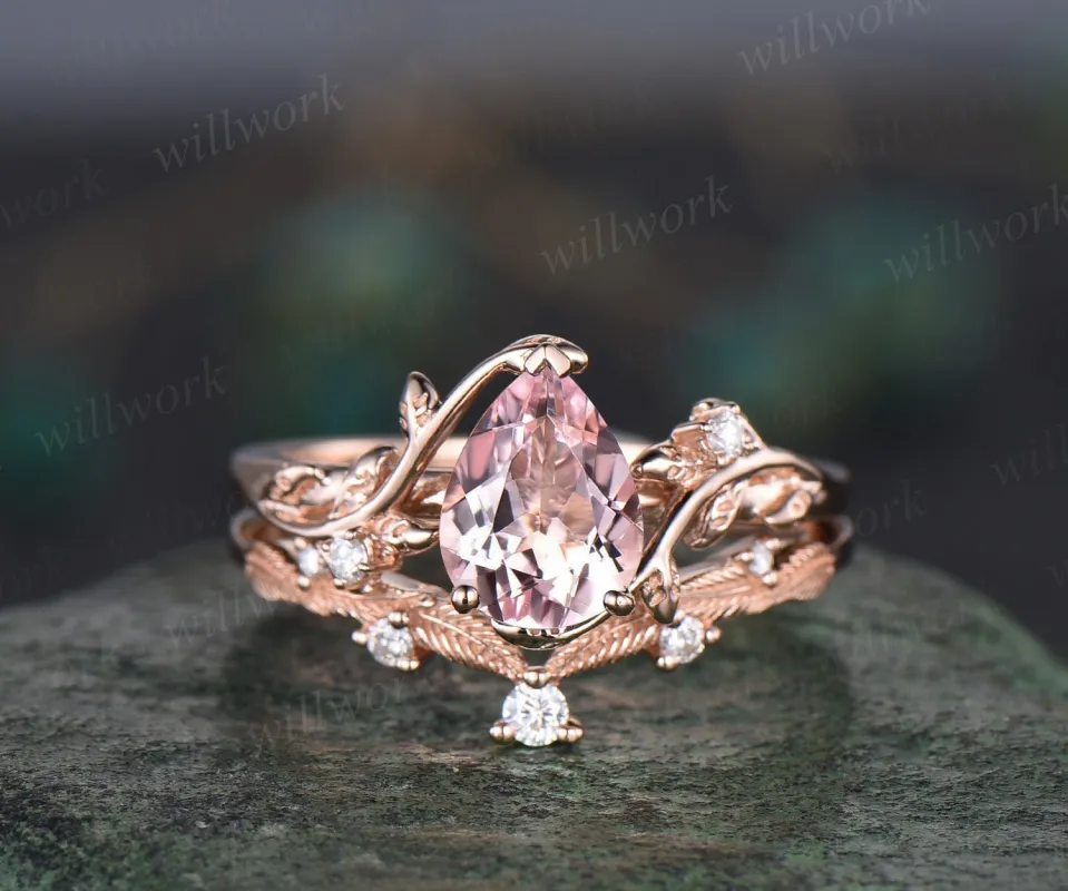 Pear shaped natural Pink morganite ring rose gold leaf nature inspired unique engagement ring women art deco promise wedding bridal ring set made by Willwork Jewelry