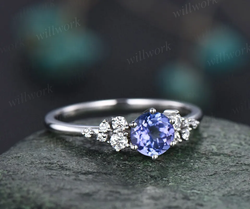Round natural blue tanzanite ring vintage unique engagement ring 14k white gold 6 prong snowdrift diamond anniversary wedding ring for women sold by Willwork Jewelry