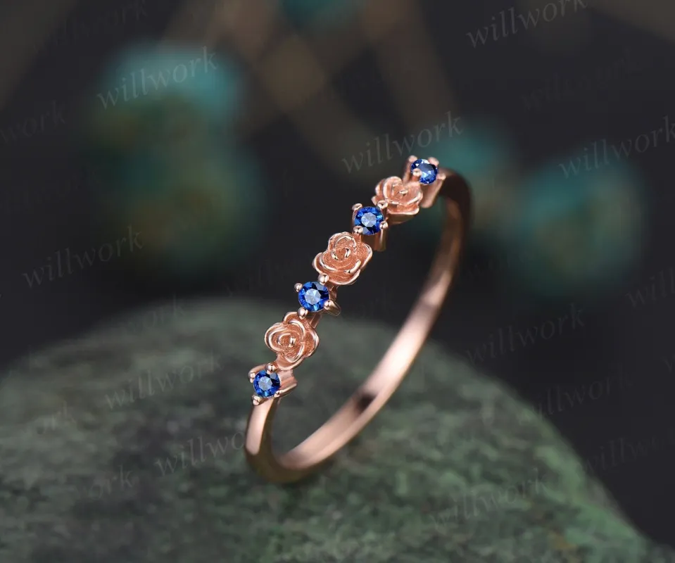 Dainty flower natural sapphire wedding band solid 14k rose gold stacking unique vintage wedding ring band for women anniversary ring gift sold by Willwork Jewelry