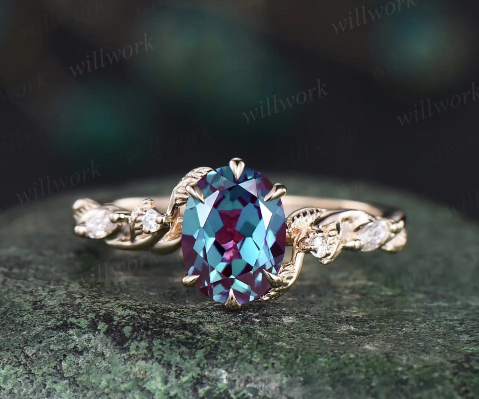 Oval cut Alexandrite engagement ring unique twig leaf ring nature inspired ring June birthstone 6 prongs ring for women anniversary gifts sold by Willwork Jewelry