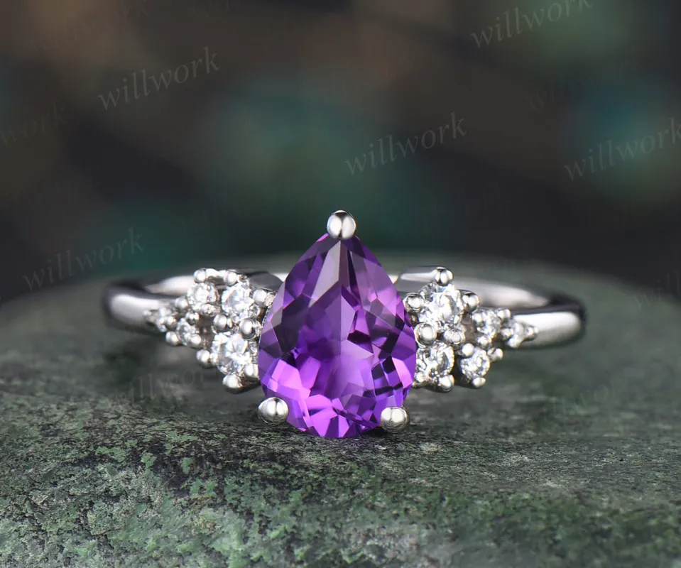 Pear amethyst ring vintage natural amethyst engagement ring art deco snowdrift ring women February birthstone ring gifts for her sold by Willwork Jewelry