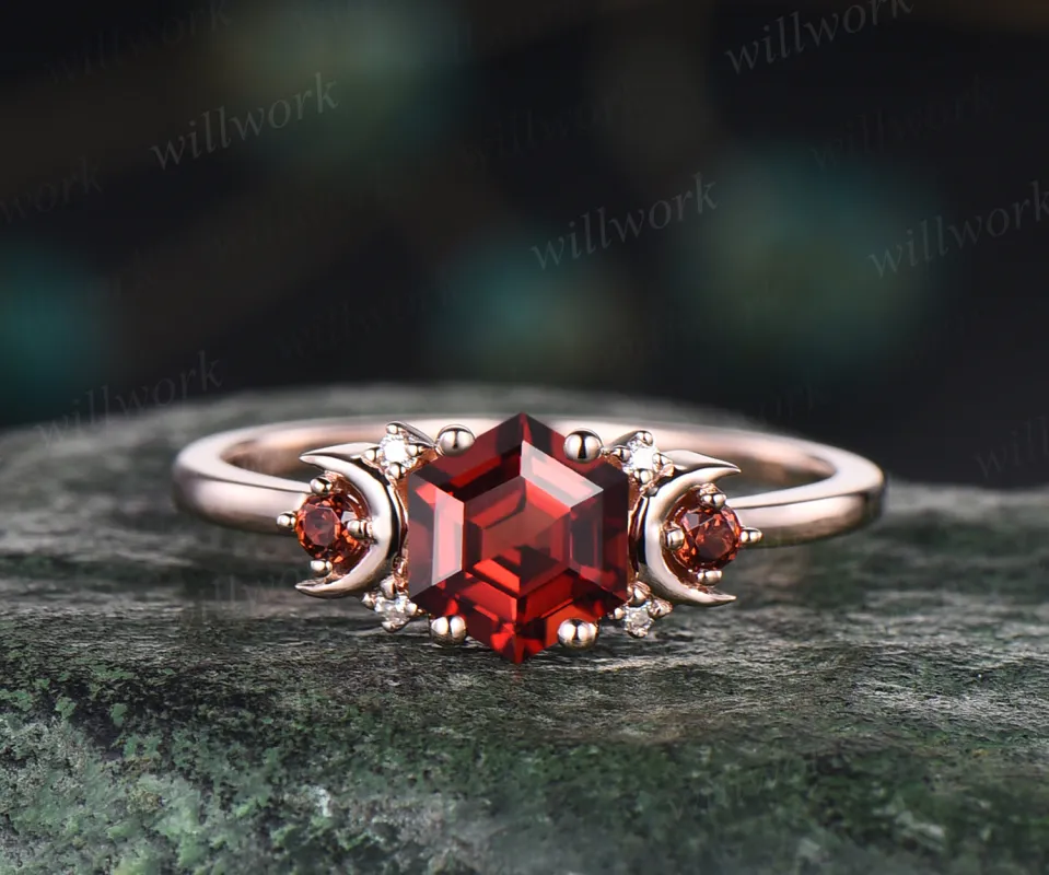 Hexagon natural red garnet engagement ring art deco moon garnet ring nature inspired wedding ring January birthstone ring gifts for women sold by Willwork Jewelry