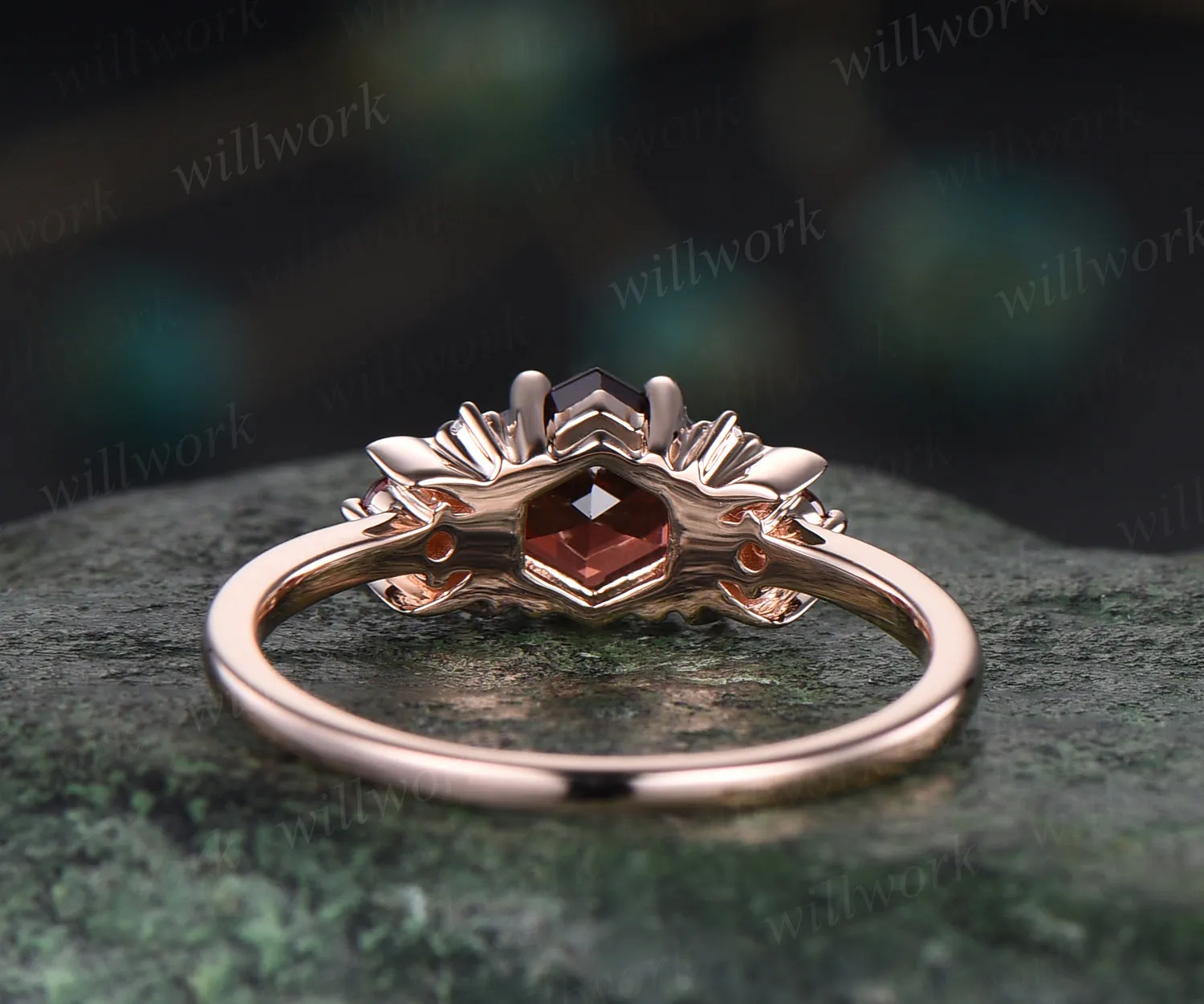Hexagon natural red garnet engagement ring art deco moon garnet ring nature inspired wedding ring January birthstone ring gifts for women sold by Willwork Jewelry product image thumbnail 5