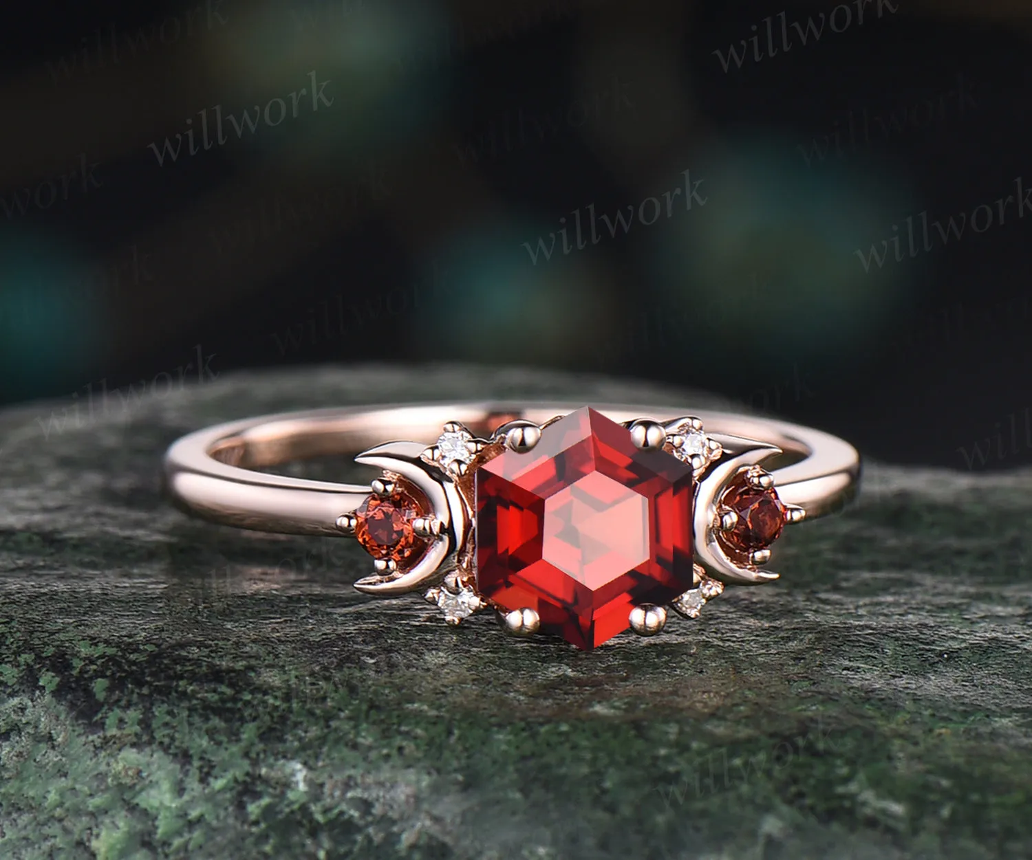 Hexagon natural red garnet engagement ring art deco moon garnet ring nature inspired wedding ring January birthstone ring gifts for women sold by Willwork Jewelry product image thumbnail 3