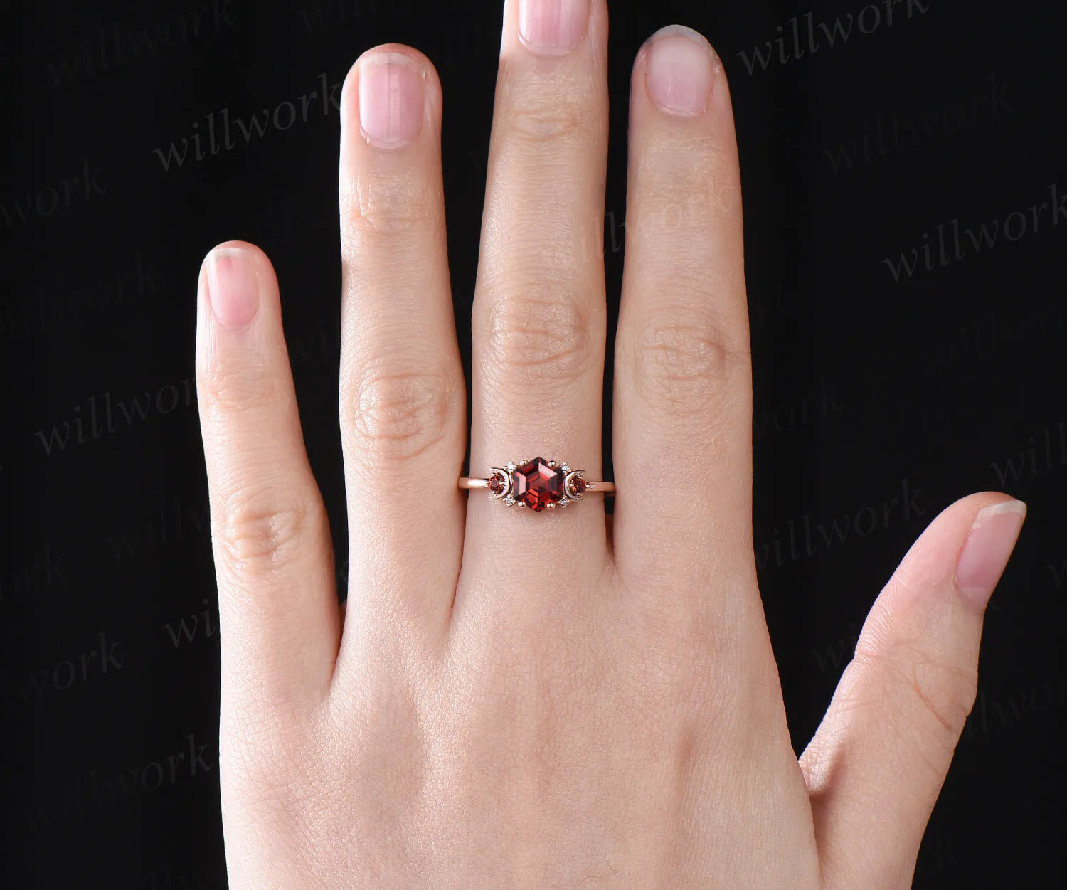 Hexagon natural red garnet engagement ring art deco moon garnet ring nature inspired wedding ring January birthstone ring gifts for women sold by Willwork Jewelry product image thumbnail 2