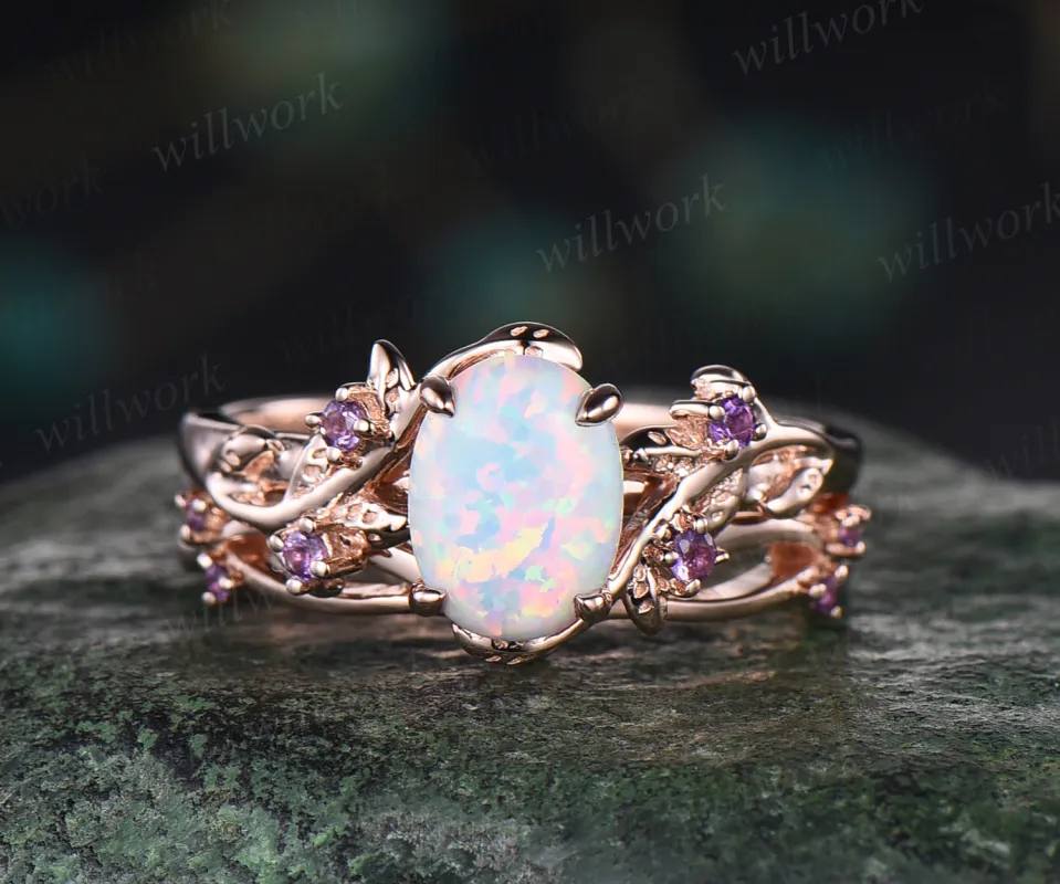 Opal engagement ring set dainty twig leaf opal amethysts ring infinity infinity split shank wedding band rose gold bridal set gifts for her sold by Willwork Jewelry