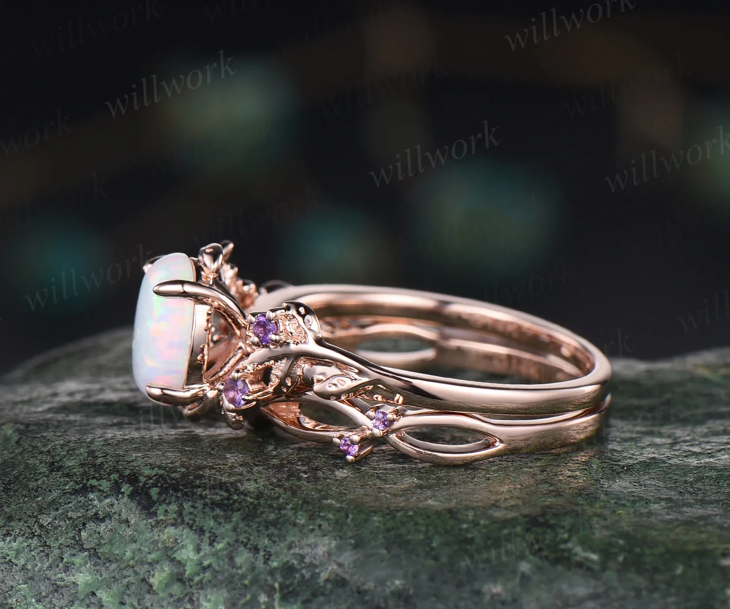 Opal engagement ring set dainty twig leaf opal amethysts ring infinity infinity split shank wedding band rose gold bridal set gifts for her sold by Willwork Jewelry product image thumbnail 5