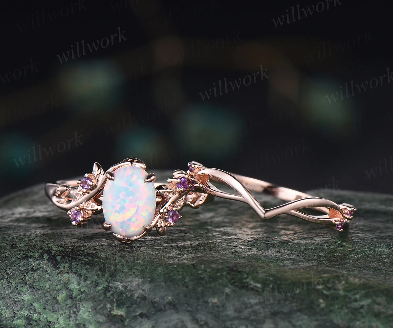 Opal engagement ring set dainty twig leaf opal amethysts ring infinity infinity split shank wedding band rose gold bridal set gifts for her sold by Willwork Jewelry product image thumbnail 4