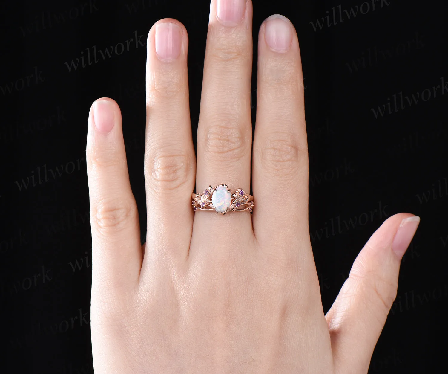 Opal engagement ring set dainty twig leaf opal amethysts ring infinity infinity split shank wedding band rose gold bridal set gifts for her sold by Willwork Jewelry product image thumbnail 2
