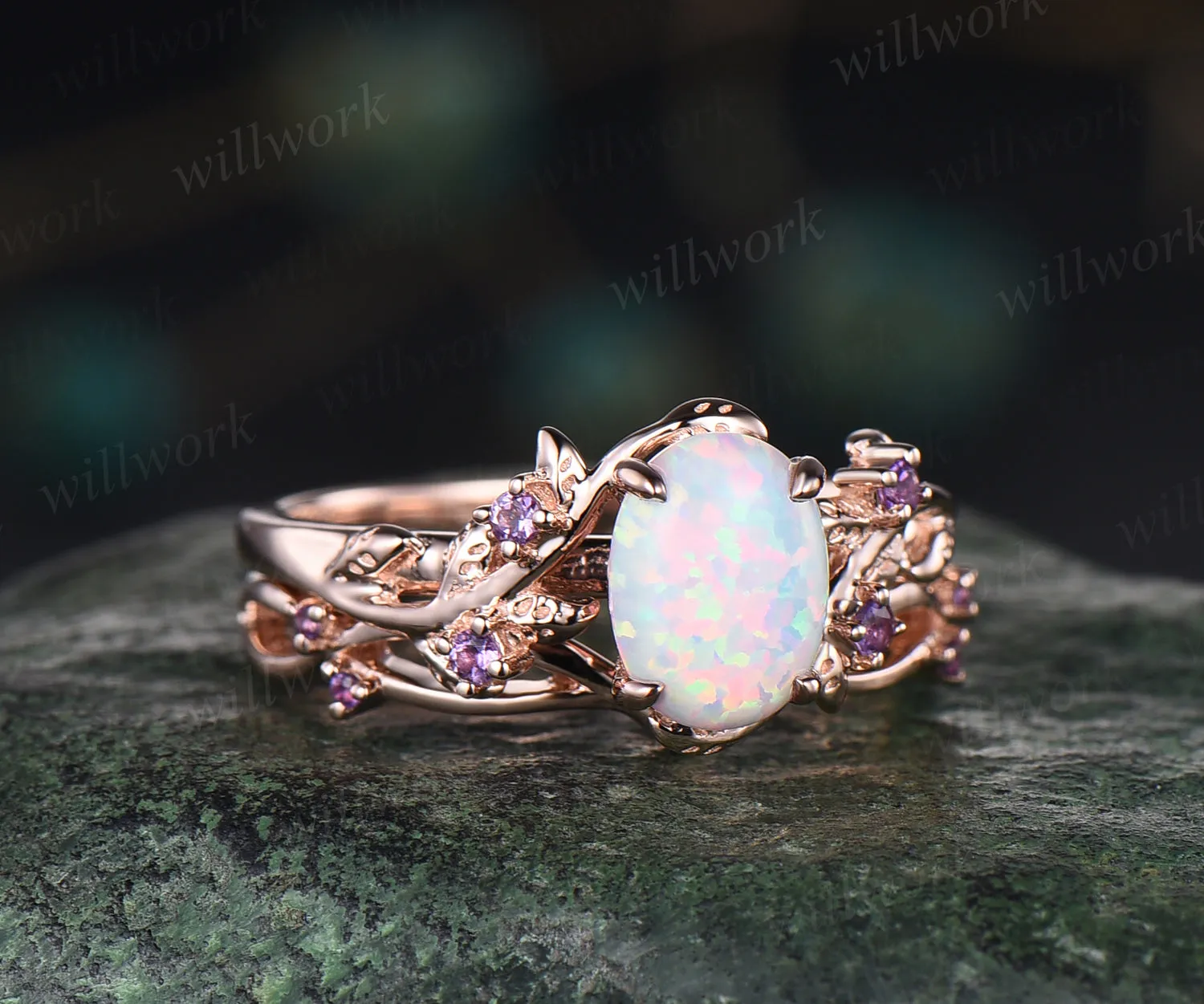 Opal engagement ring set dainty twig leaf opal amethysts ring infinity infinity split shank wedding band rose gold bridal set gifts for her sold by Willwork Jewelry product image thumbnail 3