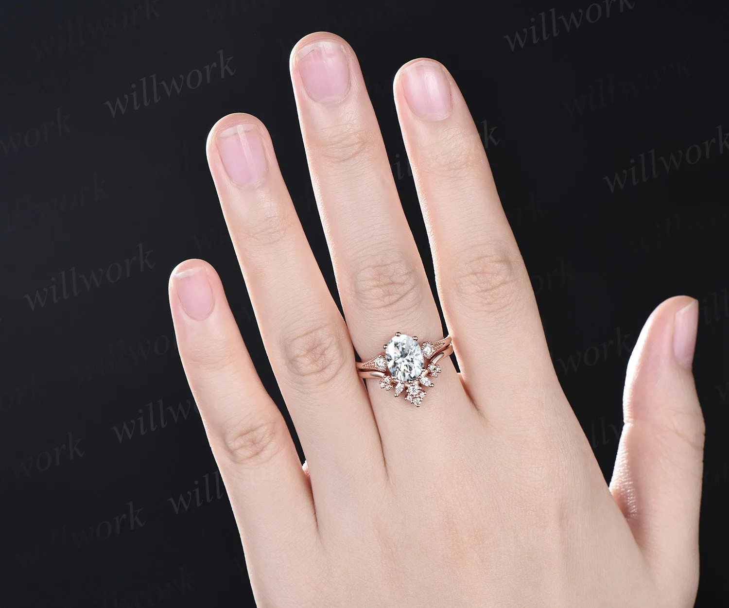 Vintage style 2ct oval moissanite engagement ring set rose gold three stone art deco cluster diamond wedding bridal ring set women jewelry sold by Willwork Jewelry product image thumbnail 2
