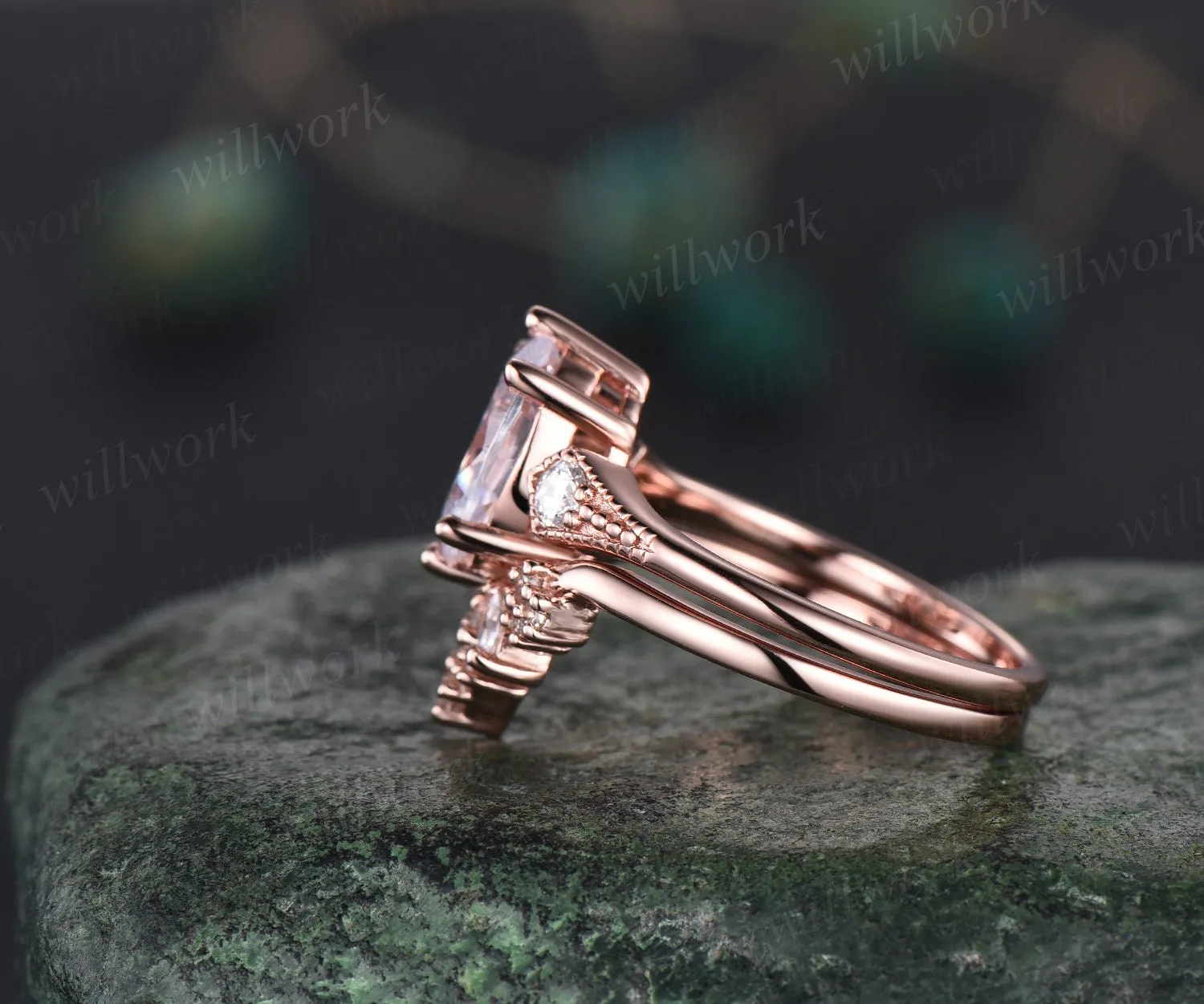 Vintage style 2ct oval moissanite engagement ring set rose gold three stone art deco cluster diamond wedding bridal ring set women jewelry sold by Willwork Jewelry product image thumbnail 4