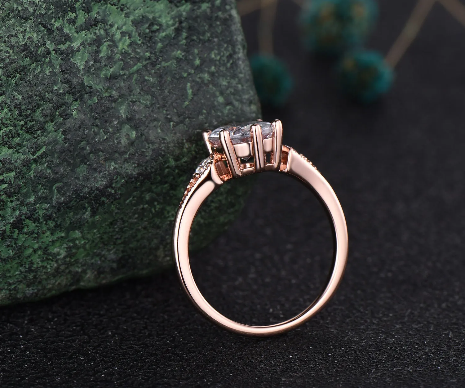 Vintage style 2ct oval moissanite engagement ring set rose gold three stone art deco cluster diamond wedding bridal ring set women jewelry sold by Willwork Jewelry product image thumbnail 5