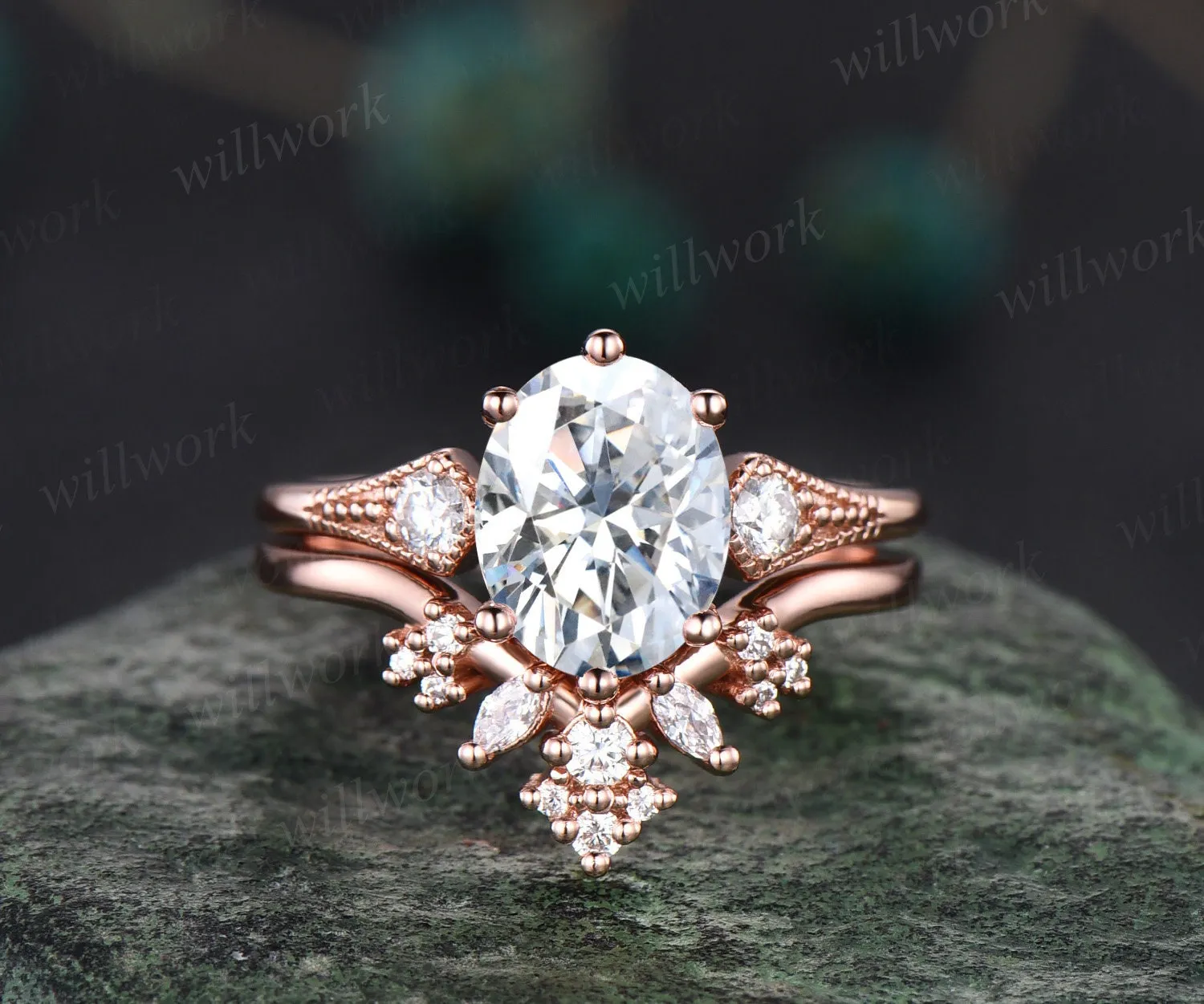 Vintage style 2ct oval moissanite engagement ring set rose gold three stone art deco cluster diamond wedding bridal ring set women jewelry sold by Willwork Jewelry product image thumbnail 3