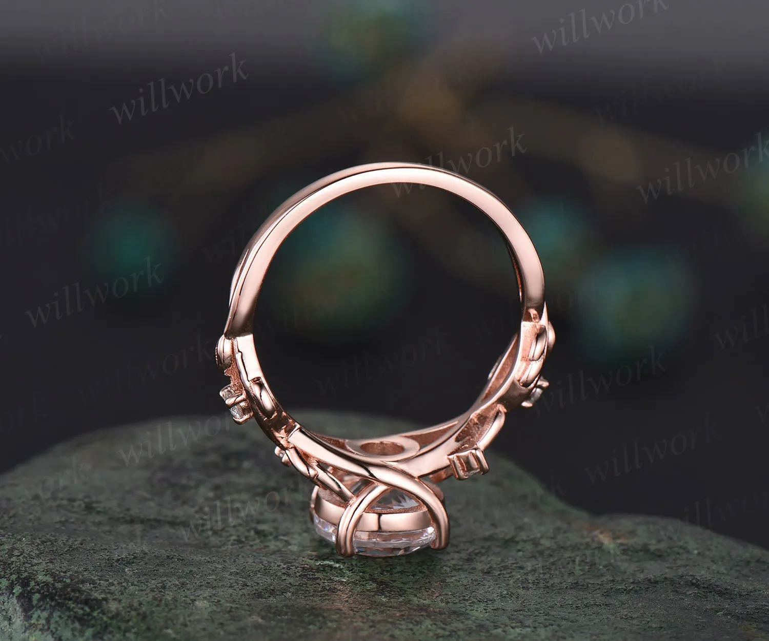 2ct Twig round gray moissanite engagement ring set 14k rose gold five stone leaf branch Nature inspired diamond bridal ring set for women sold by Willwork Jewelry product image thumbnail 5