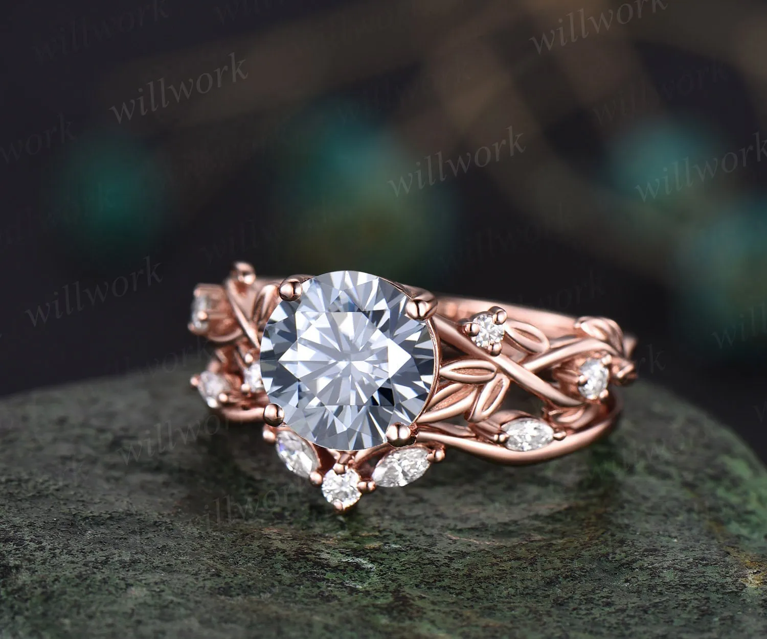 2ct Twig round gray moissanite engagement ring set 14k rose gold five stone leaf branch Nature inspired diamond bridal ring set for women sold by Willwork Jewelry product image thumbnail 3