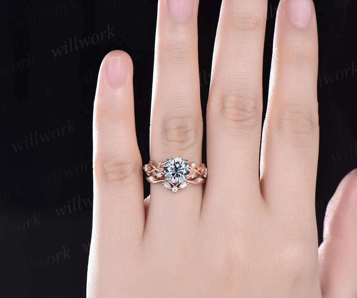 2ct Twig round gray moissanite engagement ring set 14k rose gold five stone leaf branch Nature inspired diamond bridal ring set for women sold by Willwork Jewelry product image thumbnail 2