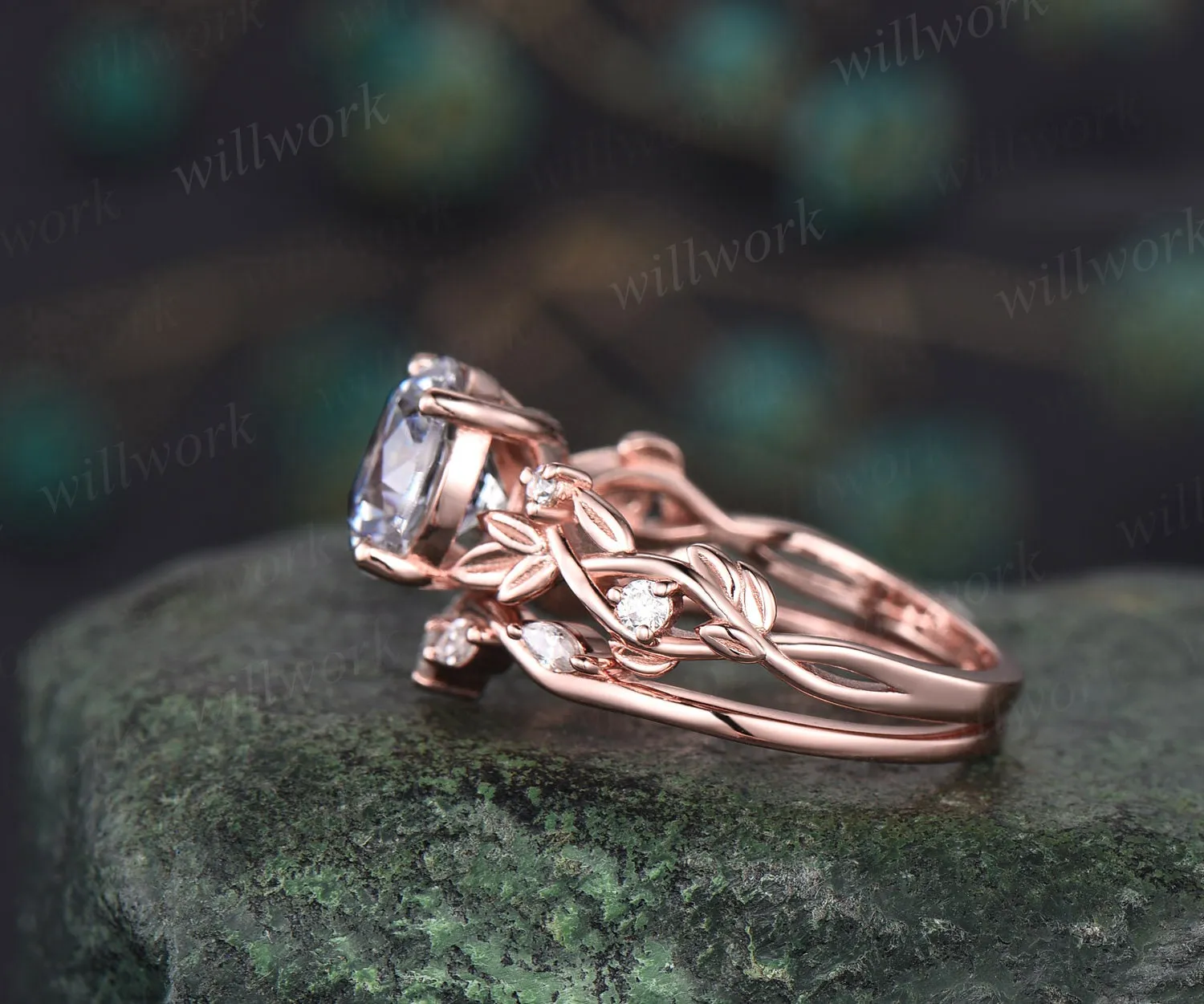 2ct Twig round gray moissanite engagement ring set 14k rose gold five stone leaf branch Nature inspired diamond bridal ring set for women sold by Willwork Jewelry product image thumbnail 4