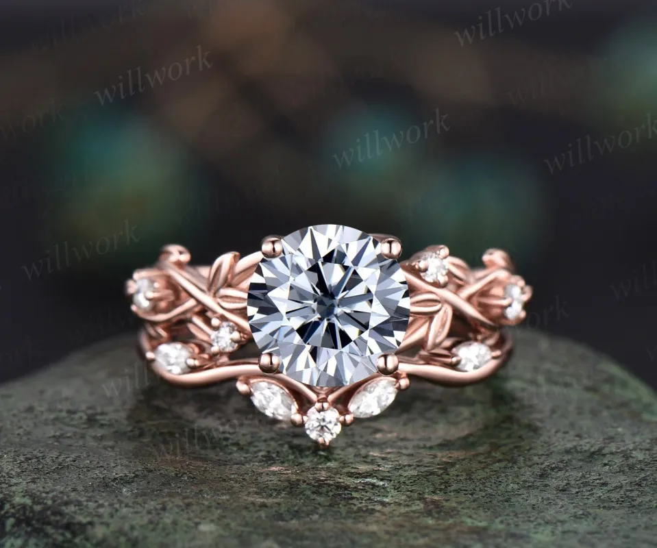 2ct Twig round gray moissanite engagement ring set 14k rose gold five stone leaf branch Nature inspired diamond bridal ring set for women sold by Willwork Jewelry
