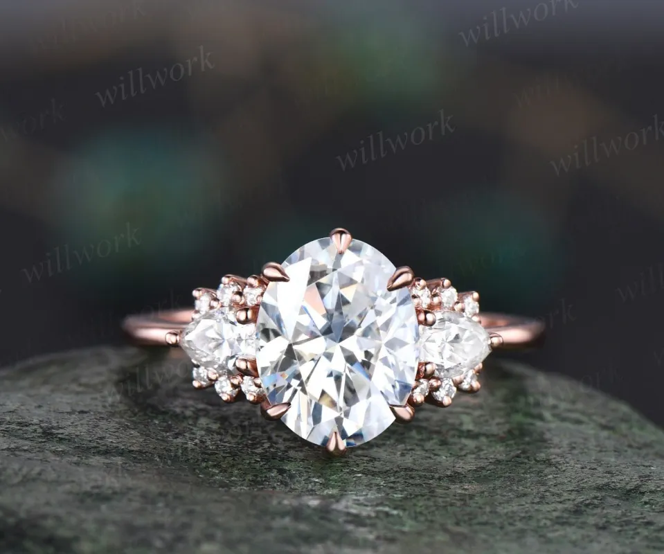 2ct oval cut Moissanite engagement ring solid 14k rose gold 6 prong cluster pear moissanite ring vintage promise wedding bridal ring women sold by Willwork Jewelry