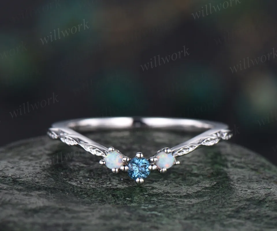 Curved London blue topaz opal wedding band 14k white gold leaf vintage three stone wedding ring band women stacking anniversary ring gift made by Willwork Jewelry