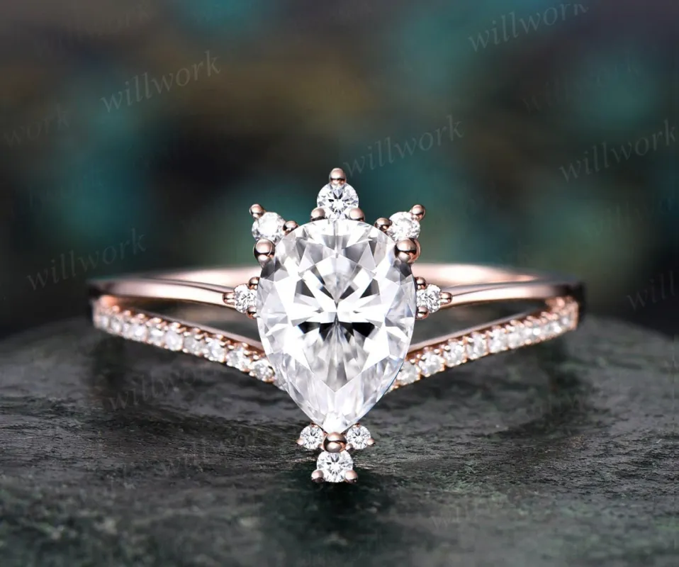 Vintage pear shaped moissanite engagement ring 14k rose gold half eternity cluster split shank diamond ring unique wedding ring women gift sold by Willwork Jewelry