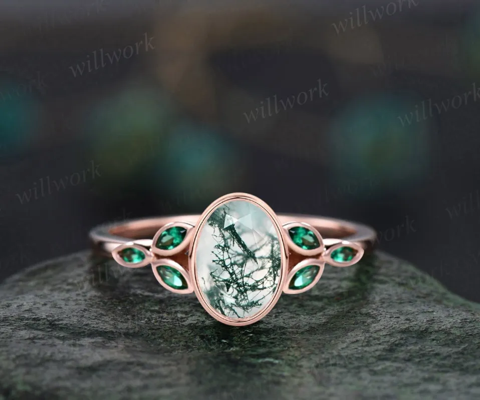 Vintage bezel oval moss agate engagement ring Marquise cut emerald ring solid 14k rose gold antique green gemstone ring women fine jewelry sold by Willwork Jewelry