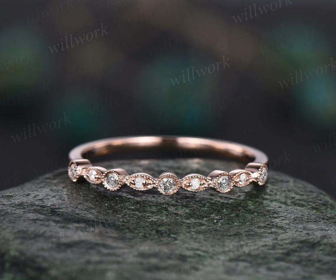 Milgrain bezel Salt and pepper diamond wedding band solid 14k rose gold vintage art deco half eternity dainty wedding ring band women gift sold by Willwork Jewelry