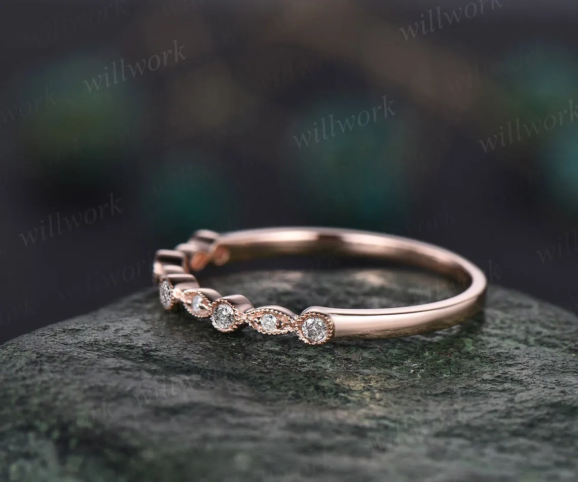 Milgrain bezel Salt and pepper diamond wedding band solid 14k rose gold vintage art deco half eternity dainty wedding ring band women gift sold by Willwork Jewelry product image thumbnail 3