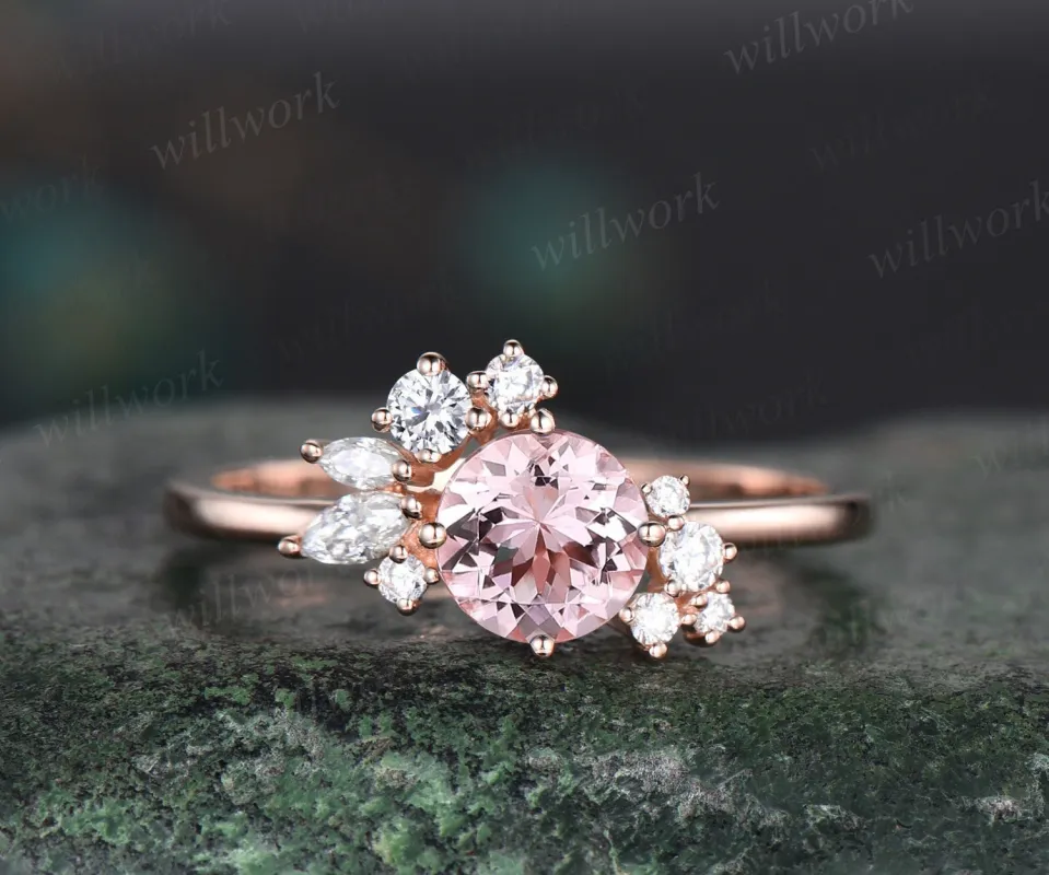 Vintage 1ct round pink morganite engagement ring art deco snowdrift cluster diamond ring solid 14k rose gold unique wedding ring women gift sold by Willwork Jewelry