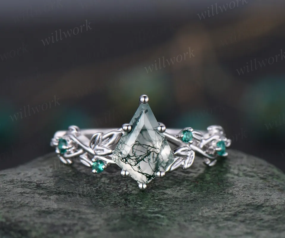 Twig moss agate ring vintage kite cut moss agate engagement ring nature inspired white gold ring leaf emerald ring women unique wedding ring sold by Willwork Jewelry