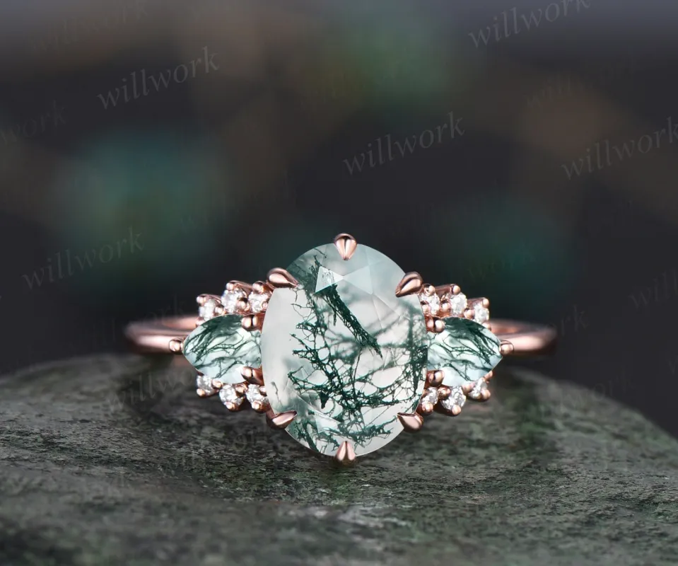 Vintage 2ct oval moss agate engagement ring pear moss agate ring cluster moissanite ring solid 14k rose gold promise bridal ring women her sold by Willwork Jewelry