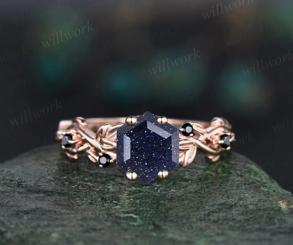 Vintage hexagon cut blue sandstone ring leaf twig nature inspired engagement ring rose gold antique black diamond ring bridal ring women sold by Willwork Jewelry