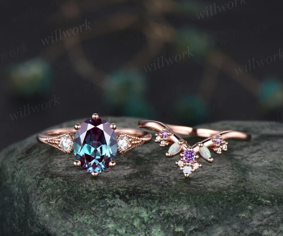Vintage style 2ct oval Alexandrite engagement ring set rose gold three stone cluster moissanite wedding bridal ring set women fine jewelry sold by Willwork Jewelry