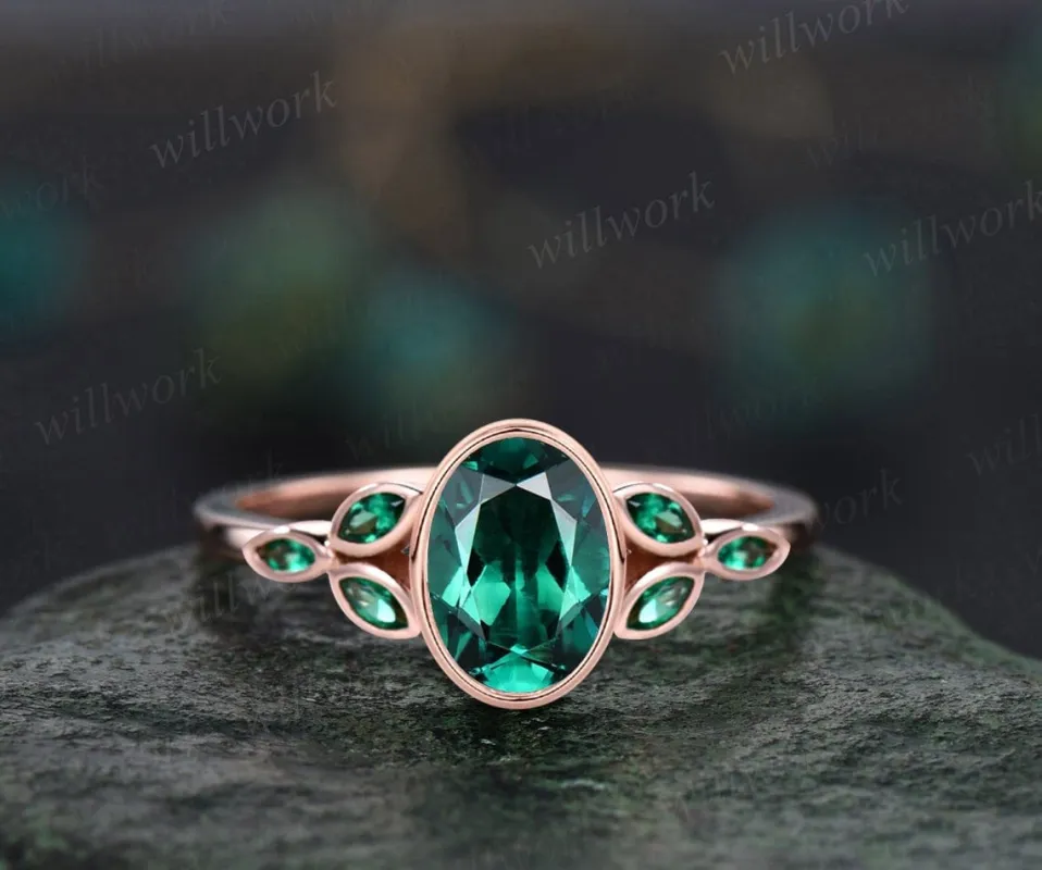 Vintage bezel oval green emerald engagement ring Marquise cut emerald ring solid 14k rose gold antique gemstone ring women fine jewelry gift sold by Willwork Jewelry