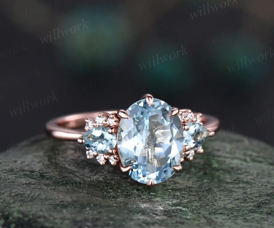 Vintage 2ct oval Aquamarine engagement ring pear Aquamarine ring cluster diamond ring solid 14k rose gold gemstone ring women fine jewelry sold by Willwork Jewelry