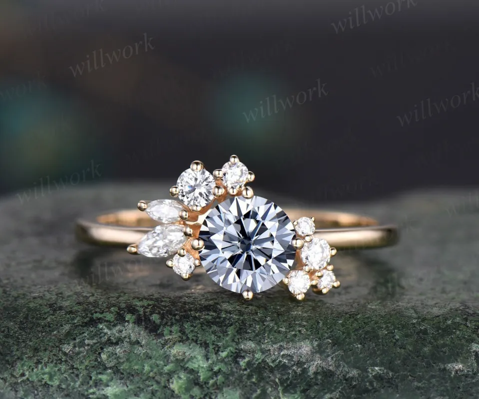 Vintage 1ct round gray moissanite engagement ring art deco dainty snowdrift cluster diamond ring solid 14k yellow gold bridal ring women made by Willwork Jewelry