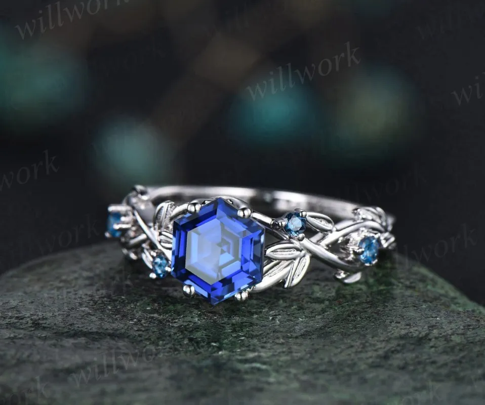 Vintage hexagon cut blue sapphire engagement ring white gold leaf five stone London blue topaz ring women twig nature inspired wedding ring sold by Willwork Jewelry