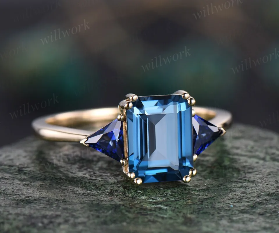 Emerald cut London blue topaz ring gold three stone Trilliant cut sapphire ring unique engagement ring 8 prong promise wedding ring women sold by Willwork Jewelry