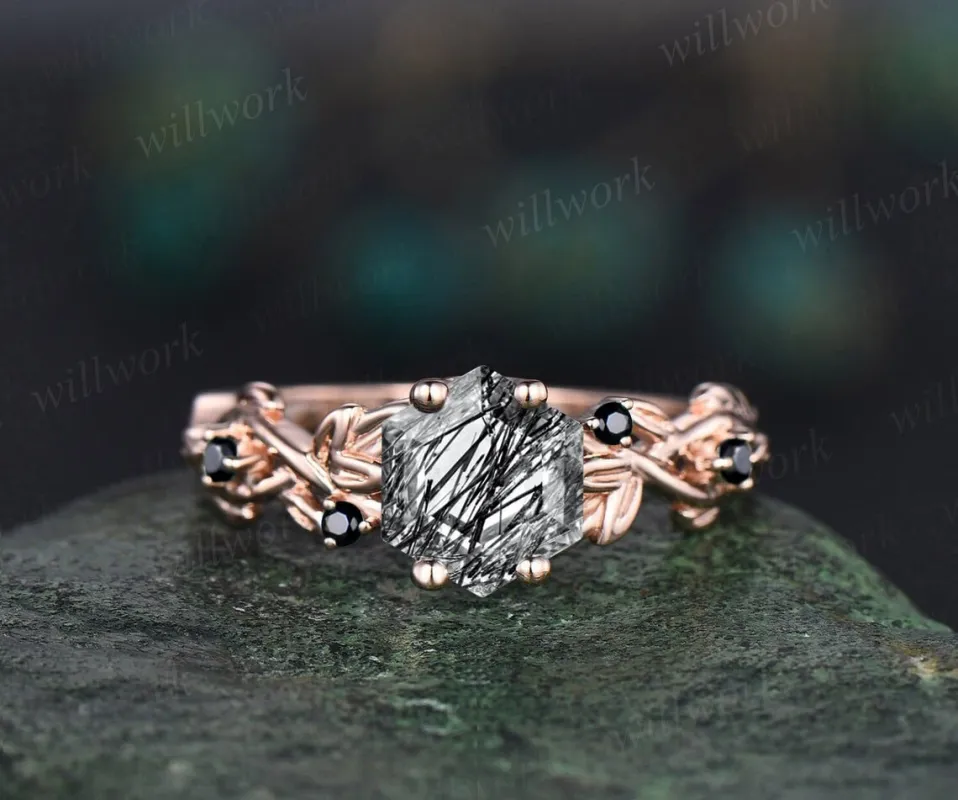 Vintage hexagon cut black rutilated quartz ring leaf twig nature inspired engagement ring rose gold black diamond wedding bridal ring women sold by Willwork Jewelry