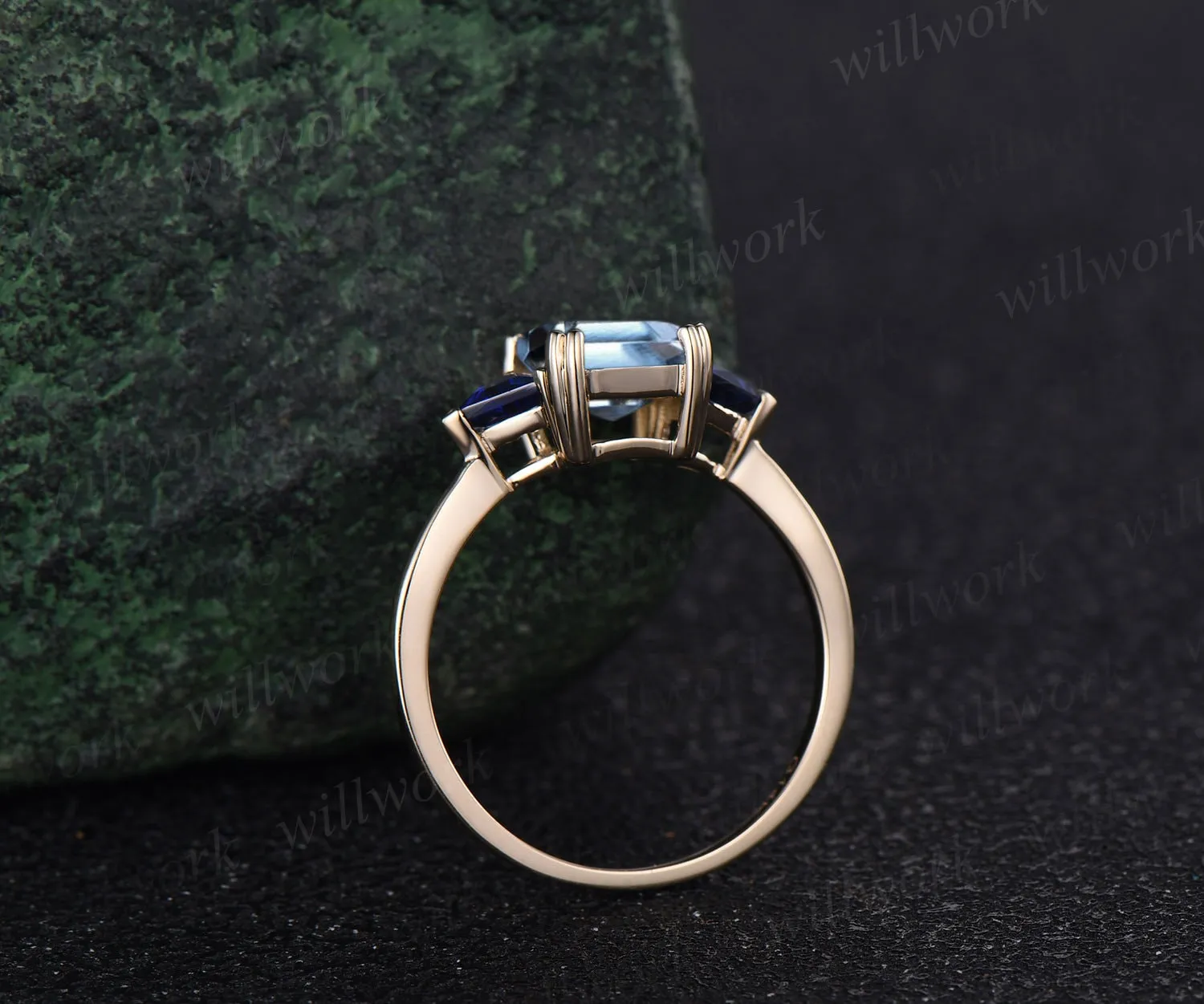 Vintage emerald cut aquamarine engagement ring 14k yellow gold three stone Trilliant cut sapphire ring women blue gemstone ring Fine jewelry sold by Willwork Jewelry product image thumbnail 5