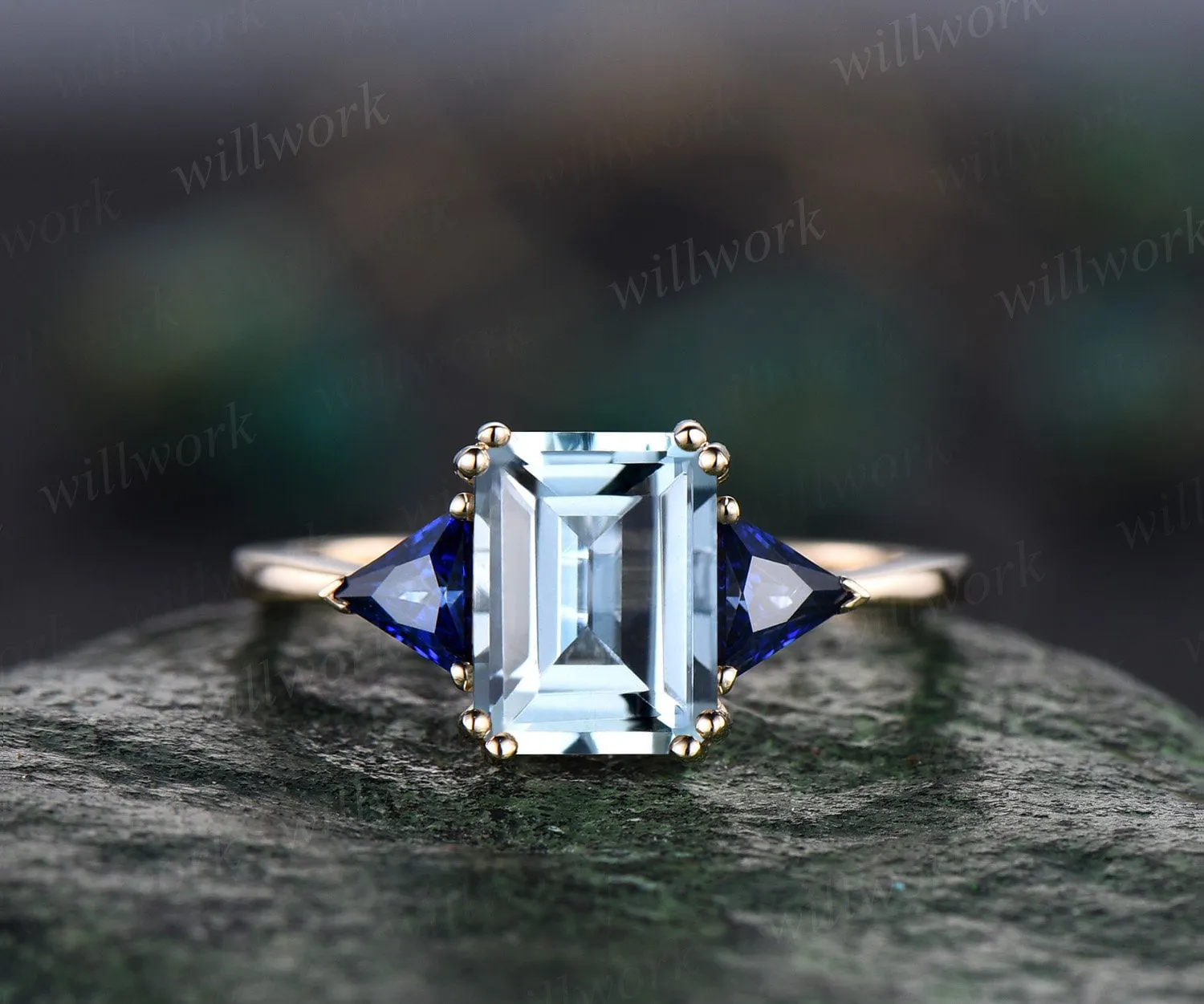 Vintage emerald cut aquamarine engagement ring 14k yellow gold three stone Trilliant cut sapphire ring women blue gemstone ring Fine jewelry sold by Willwork Jewelry product image thumbnail 3