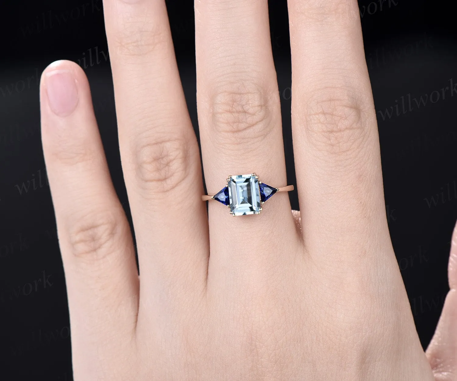 Vintage emerald cut aquamarine engagement ring 14k yellow gold three stone Trilliant cut sapphire ring women blue gemstone ring Fine jewelry sold by Willwork Jewelry product image thumbnail 2
