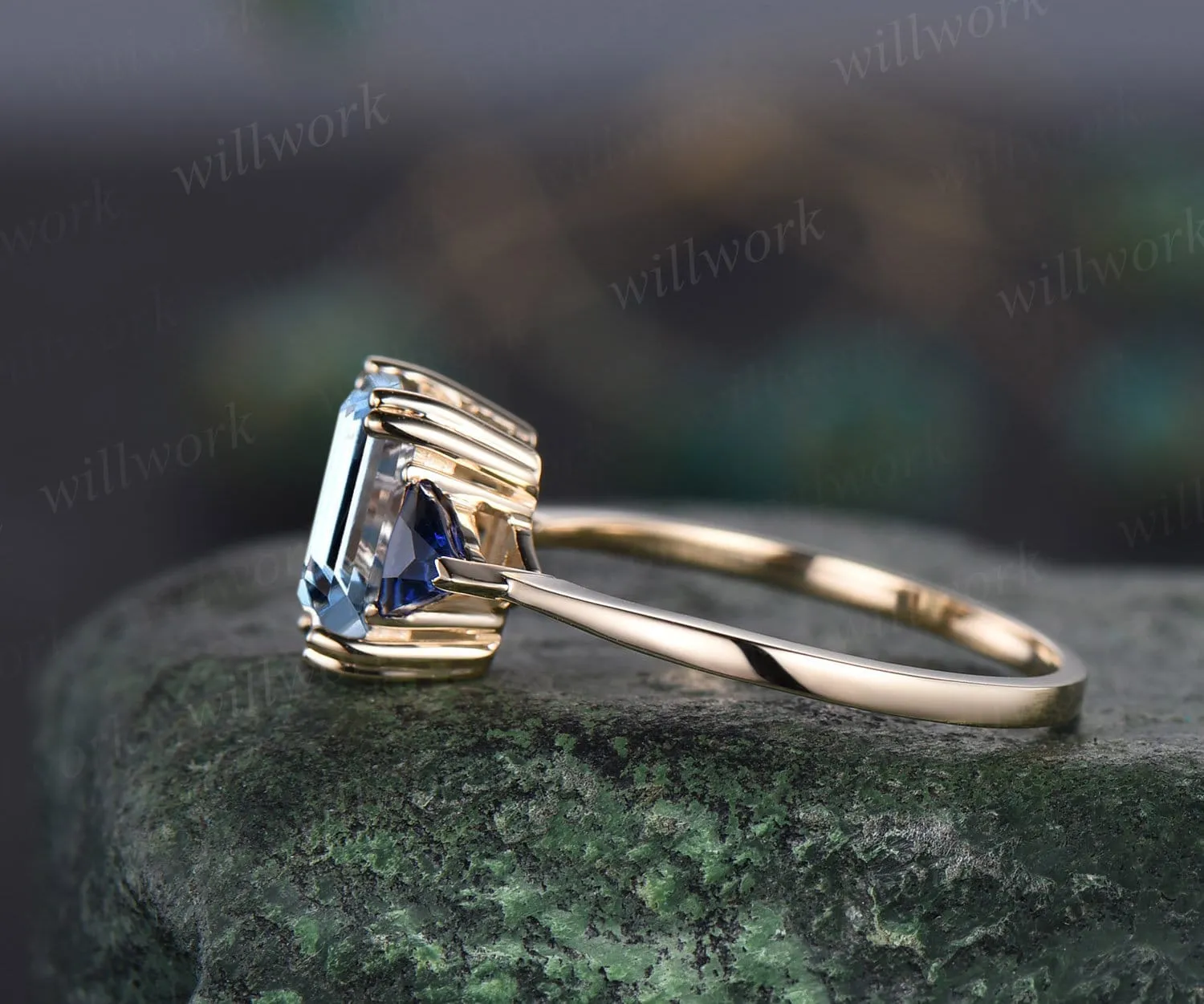 Vintage emerald cut aquamarine engagement ring 14k yellow gold three stone Trilliant cut sapphire ring women blue gemstone ring Fine jewelry sold by Willwork Jewelry product image thumbnail 4
