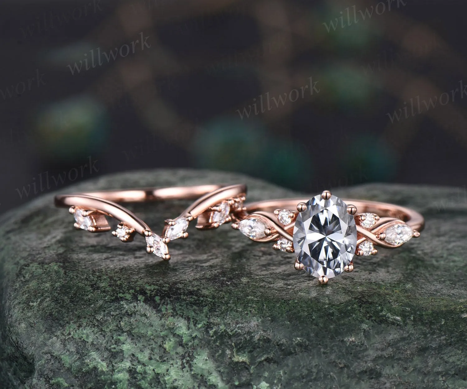 Vintage oval cut gray moissanite engagement ring set 14k rose gold marquise cut diamond ring women unique promise bridal wedding ring set sold by Willwork Jewelry product image thumbnail 3