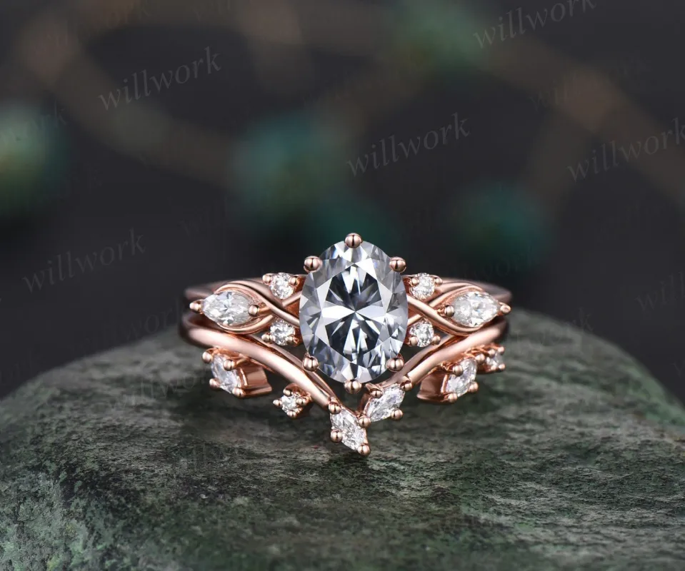 Vintage oval cut gray moissanite engagement ring set 14k rose gold marquise cut diamond ring women unique promise  bridal wedding ring set sold by Willwork Jewelry